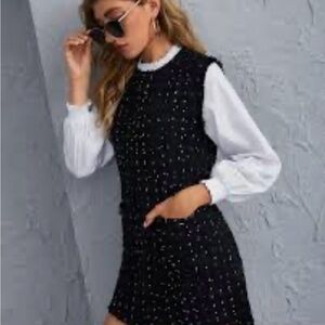 Zara Tweed Dress Black White Mini Bishop Sleeves Medium Work Office